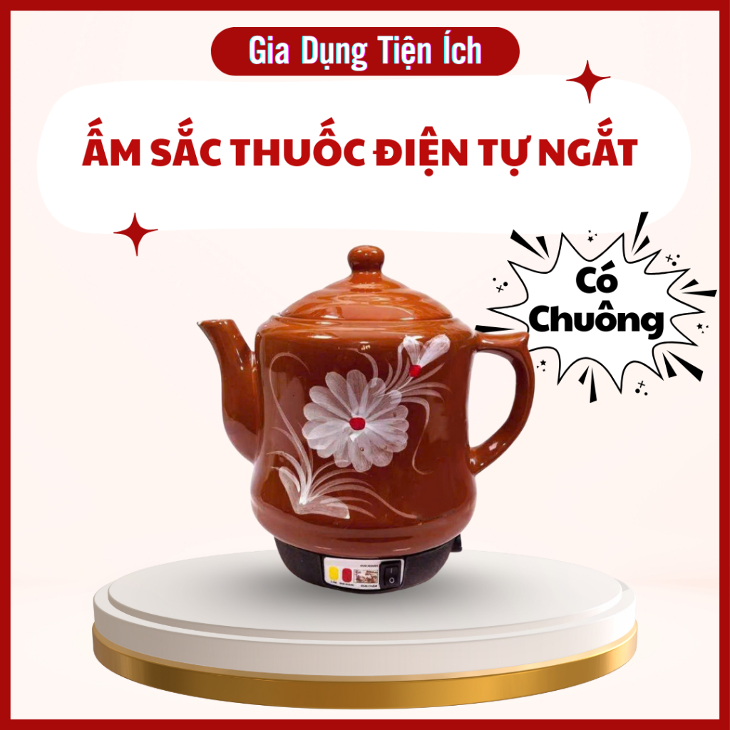 Ấm sắc thuốc điện tự động ngắt gốm sứ Bát Tràng cao cấp, có chuông báo, dung tích 3,2L, đun sôi nhanh
