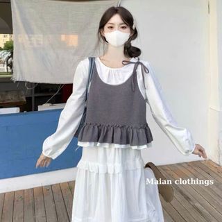 Áo sơ mi nữ dài tay phối cùng với áo yếm len dáng babydoll tiểu thư Maian áo cổ tròn tay phồng kiểu dáng Hàn Quốc A5572 