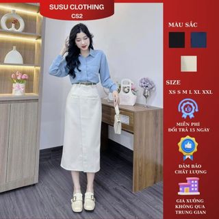  Chân váy SUSUCLOTHING suông midi dáng dài có tà đắp có túi khóa kéo sau d80cm A TÀ CÚC NHỎ 83 