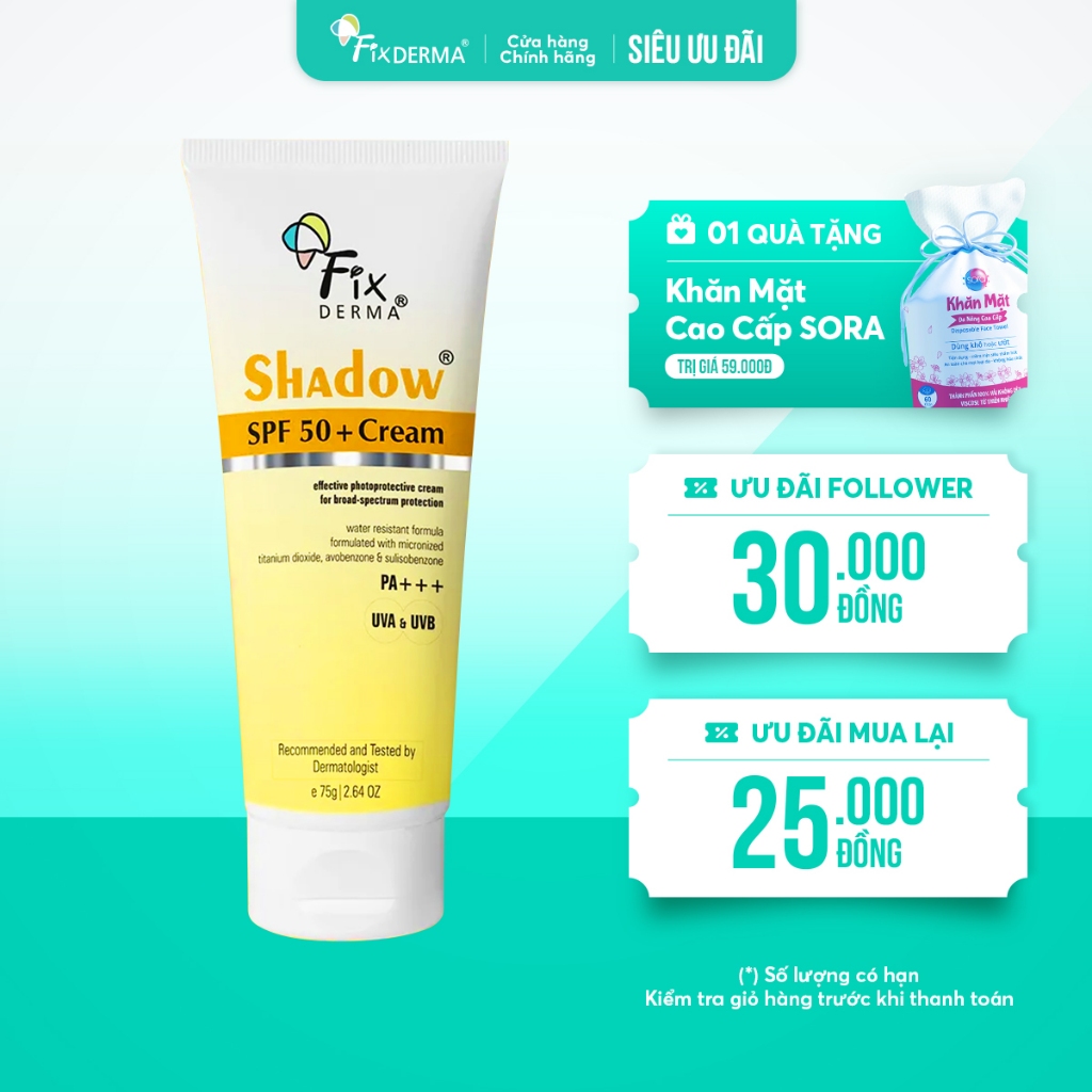 Fixderma Shadow SPF 50+ Cream PA+++ (75g) – Kem chống nắng tối ưu, dưỡng ẩm cho da khô và nhạy cảm