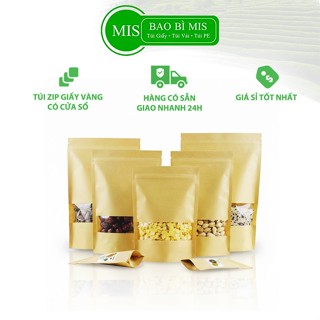  Túi Zipper Giấy Kraft Vàng Cửa Sổ Túi Zip MIS Đựng Thực Phẩm Nhiều Kích Thước Túi Đựng Bánh Và Hạt 