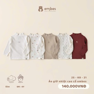 Áo Giữ Nhiệt Cho Bé Embes, Áo Dài Tay Cổ 3 Phân Chất Cotton Mềm Giữ Ấm Cho Bé Trai Bé Gái Từ 8-18kg