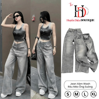  Quần Jean Nữ Ống Rộng Suông Màu Xám Wash Râu Mèo Chất Denim Cao Cấp 2025 - J723 - HD Boutique 