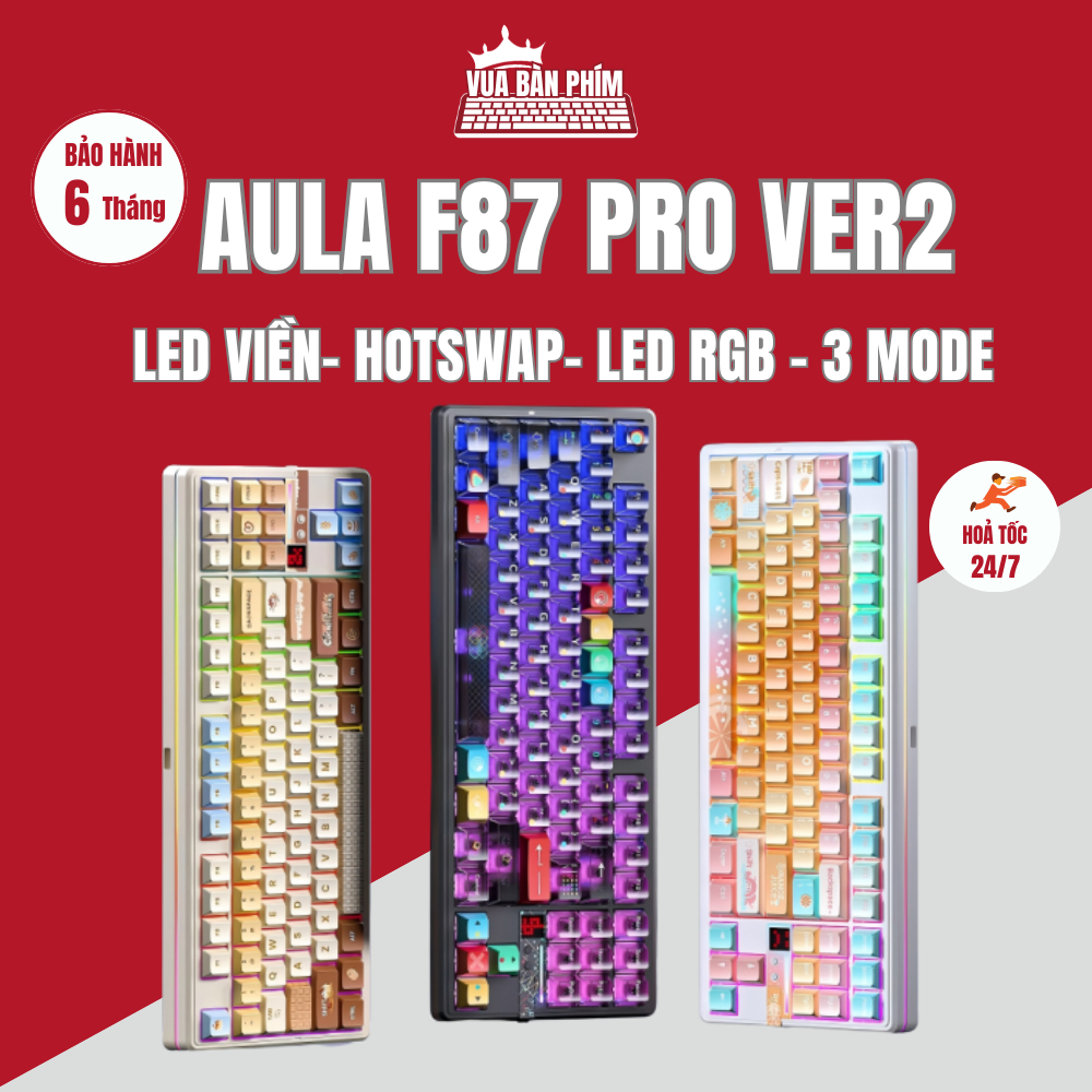  Bàn phím cơ không dây Aula F87 pro ver 2 mạch xuôi 3 mode led rgb hostswap logo điều chỉnh theo âm nhạc 