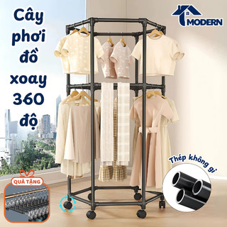 Giá Phơi Đồ Xoay 360 Độ Có Bánh Xe Tiện Lợi, Cây Treo Quần Áo Đa Năng Chất Liệu Thép Carbon Chống Gỉ