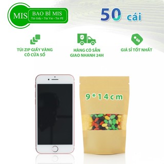  50 cái túi zip MIS size 9x14 cm đựng 50g bột mịn túi zipper giấy kraft vàng có cửa sổ 