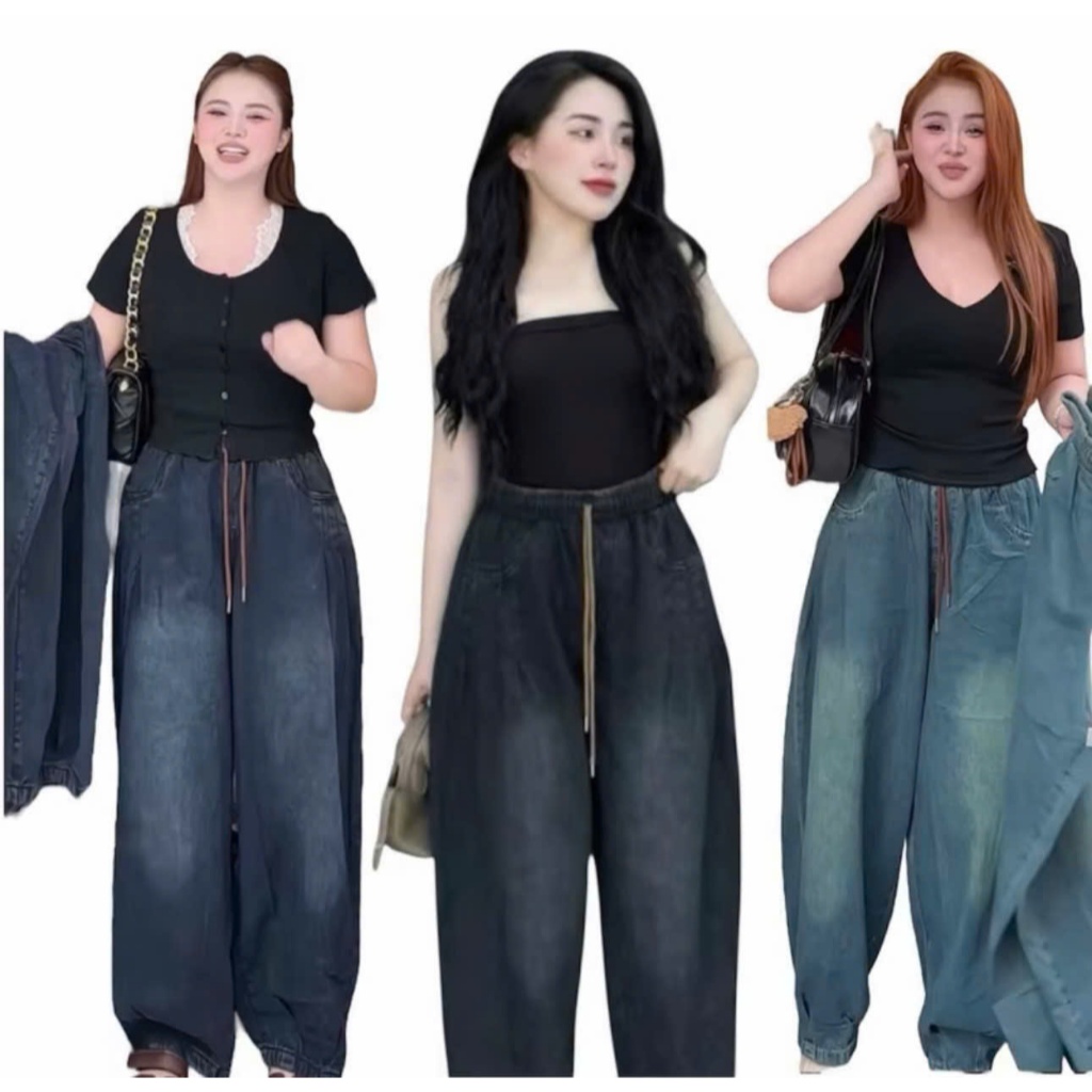 Quần jean Bom Thụng ,phom baggy   lưng chun gấu chiết ly chất jane mêm