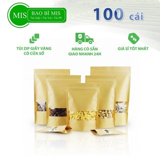  100 cái túi zip giấy kraft vàng cửa sổ tràn viền mặt trong size đựng 50g 100g bột mịn hạt granola 