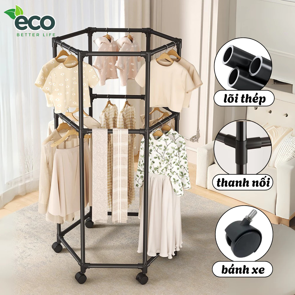 Giá Phơi Đồ Xoay 360 Độ Có Bánh Xe Tiện Lợi, Cây Treo Quần Áo Đa Năng Chất Liệu Thép Carbon Chống Gỉ