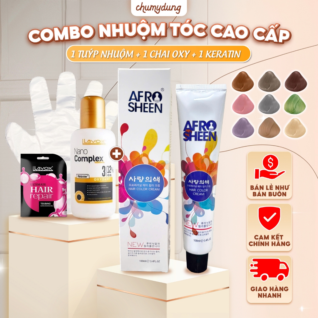 Combo nhuộm tóc 5 món cao cấp tặng kèm oxy trợ nhuộm Lavox, ủ keratin 30ml, găng tay, hdsd (chưa kèm bát lược) đầy đủ mà