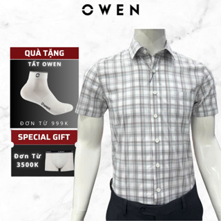  Áo Sơ Mi Nam Ngắn Tay Owen AB255082NT màu kẻ xám dáng bodyfit chất liệu bamboo mềm mát 