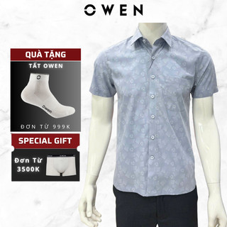  Áo Sơ Mi Nam Ngắn Tay Owen AB255009NT màu xám họa tiết dáng bodyfit chất liệu bamboo mềm mát 