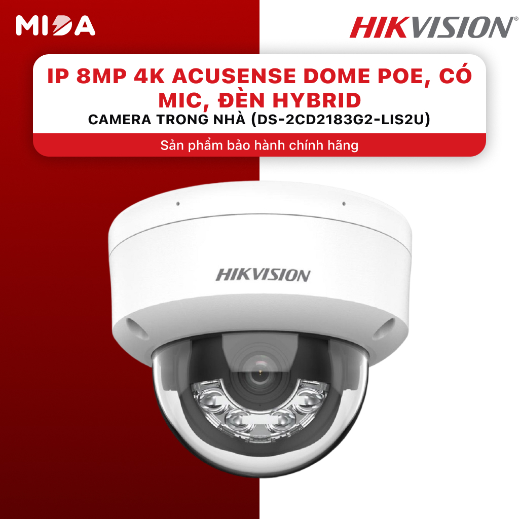 Camera IP Hikvision 8MP 4K AcuSense Dome POE DS-2CD2183G2-LIS2U, Có Mic, Đèn Hybrid