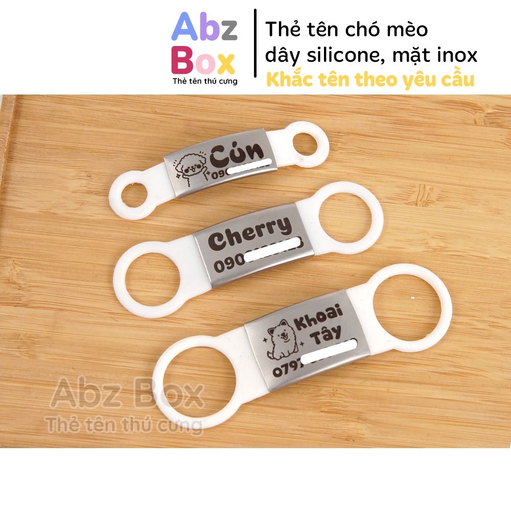 Thẻ tên chó mèo dây cao su mặt inox, thẻ tên thú cưng Abz Box