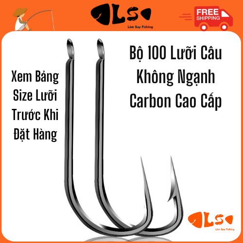 Bộ 100 lưỡi câu không ngạnh thép Carbon cao cấp, sắc bén, câu diếc, chép, rô phi, câu đơn, câu đài -