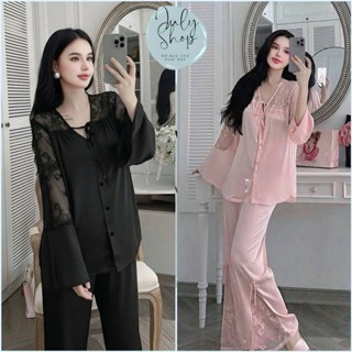  Đồ Ngủ Nữ Đồ Bộ Tiểu Thư JULY Áo Cổ V Tay Loe Phối Ren Mềm Mại Quần Xẻ Đính Nơ Chất Lụa Latin Mát Mịn Freesize 