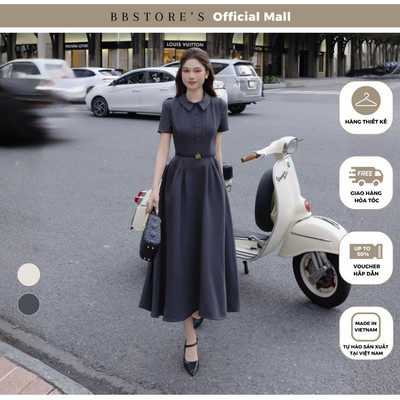 BBSTORE'S Đầm Xòe Công Sở Dài Cổ Sơ Mi Tay Ngắn Chất Carolan Xược - D4558B