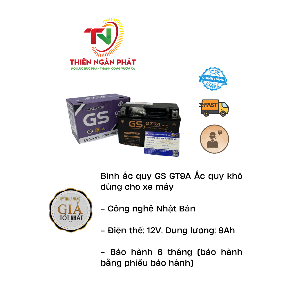 Bình Acquy xe máy GS GT9A ( 12v-9Ah ) dành cho Honda Spacy,Kawasaki Z300/Z400, SYM Attila,...