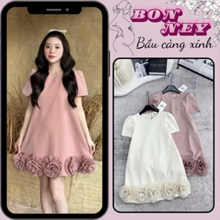  Váy bầu xinh đầm bầu mua hè dáng babydoll cổ tròn tay ngắn thiết kế trang trí nơ cuốn chân váy nổi bật sanh chảnh 