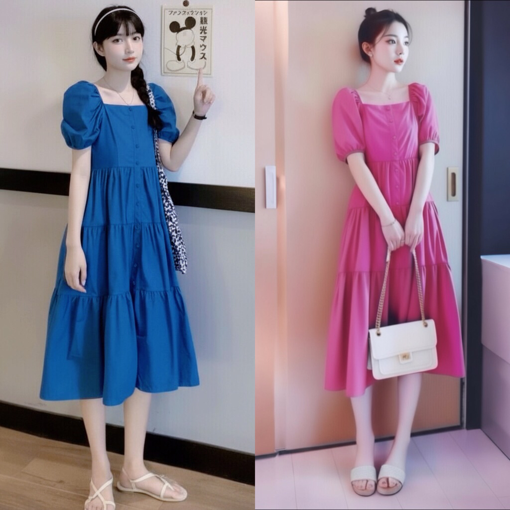 Đầm babydoll cổ vuông dáng dài 2 màu, váy dạo phố bầu bì bon chen đẹp