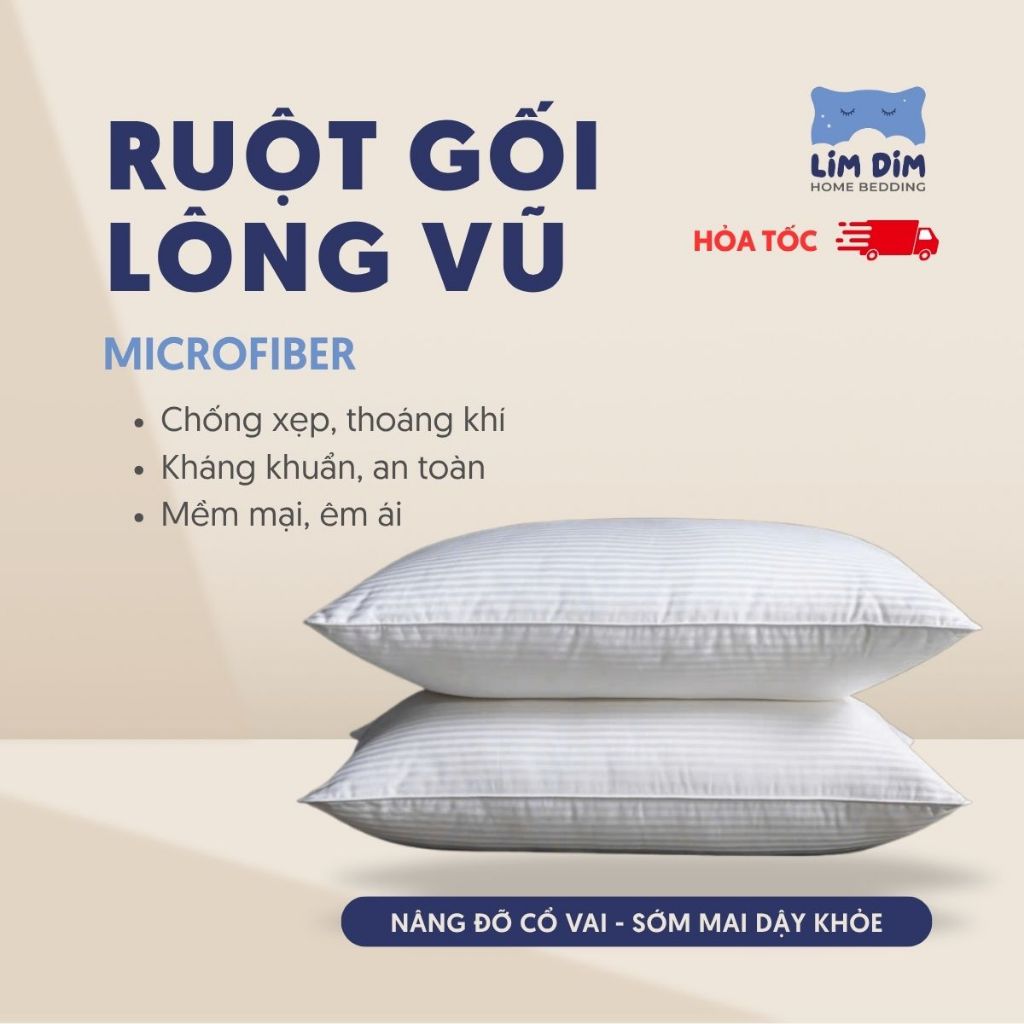 Ruột Gối Lông Vũ Nhân Tạo Microfiber Lim Dim Bedding Cao Cấp ,Êm Ái, Kháng Khuẩn Cho Giấc Ngủ Sâu