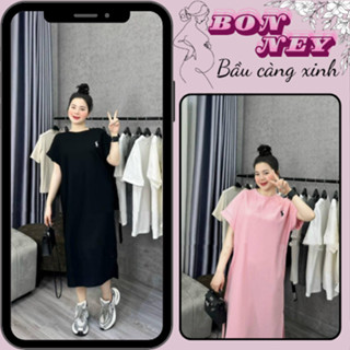  Váy bầu mùa hè đầm bầu thời trang dáng babydoll cổ tròn tay ngắn cotton co dãn đa chiều mềm mại thoáng mát 