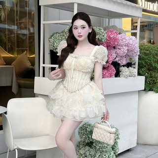 Đầm đi dự tiệc, váy dự tiệc cổ vuông tay bồng ren ngắn eo đính đá dáng xòe tầng ngắn thiết kế tiểu thư sang chảnh LEVAN