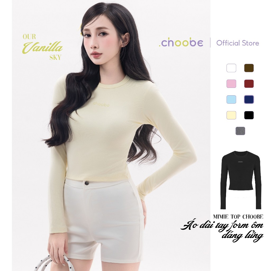 Áo thun nữ dài tay Mimie Top Choobe cổ tròn phông ôm body fit cotton co giãn 4 chiều hình thêu A142 | BigBuy360 - bigbuy360.vn