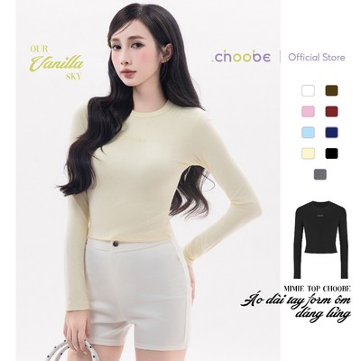Áo thun nữ dài tay Mimie Top Choobe cổ tròn phông ôm body fit cotton co giãn 4 chiều hình thêu A142