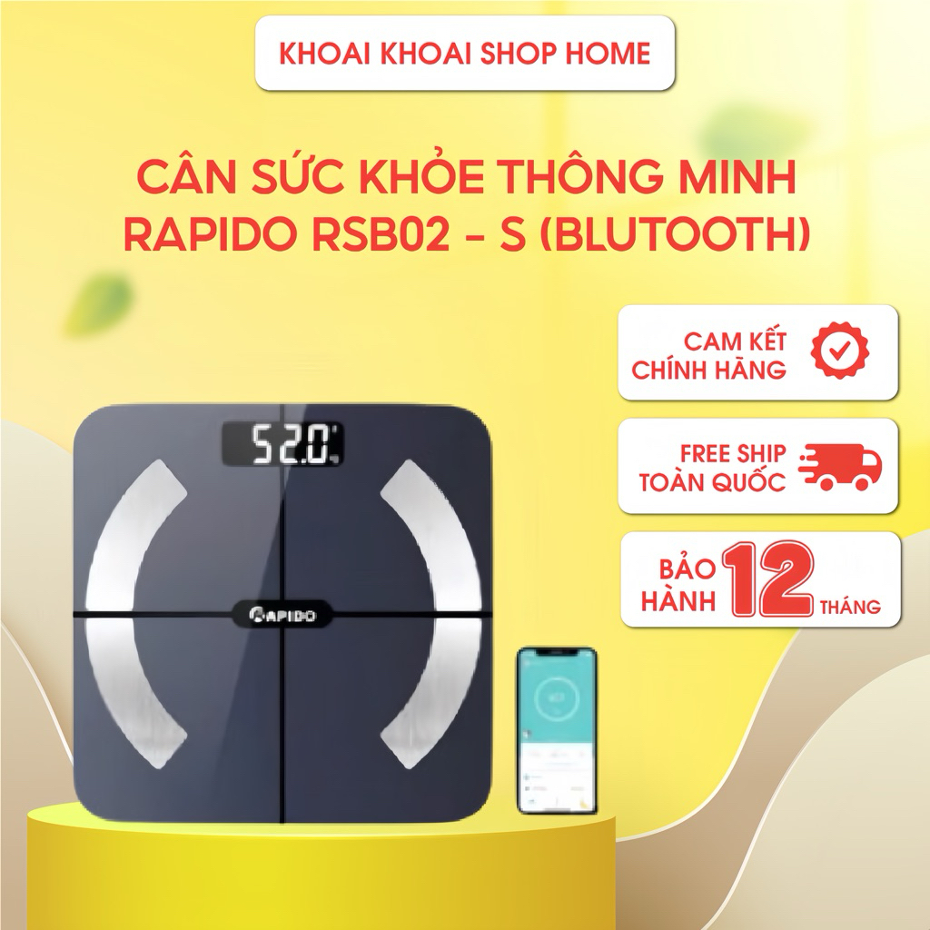 Cân Điện Tử Sức Khỏe Thông Minh Rapido RSB02-S - Kết Nối Bluetooth, Cảm Ứng Lực Độ Chính Xác Cao