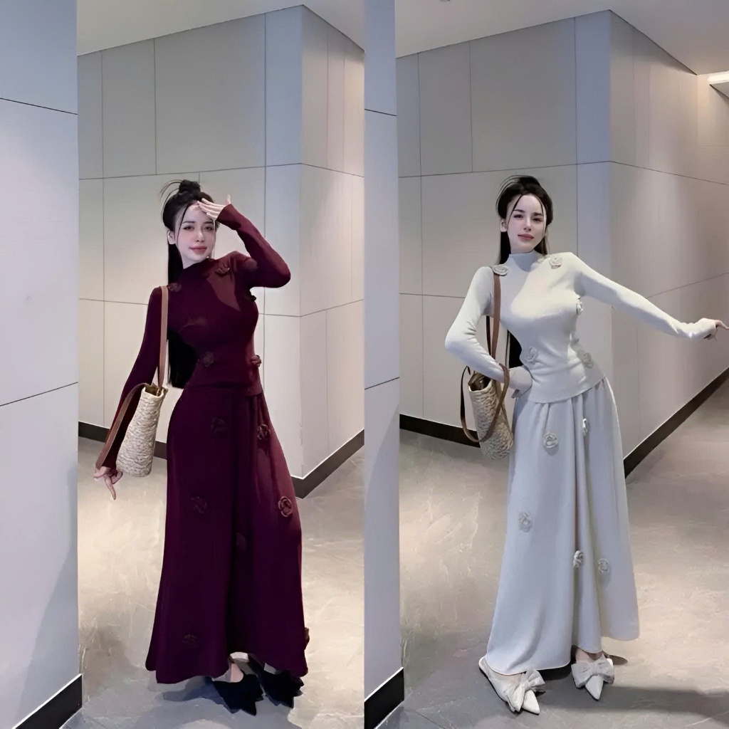 Set Áo Len Dài Tay Ôm Body, Áo Cổ Trụ Đính Hoa Nổi Mix Chân Váy