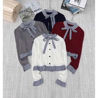  Áo len khuy phối kẻ cổ thắt nơ hàng quảng châu A613 