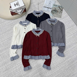  Áo len tay dài phối kẻ đính nơ hàng khuy hàng quảng châu A234 