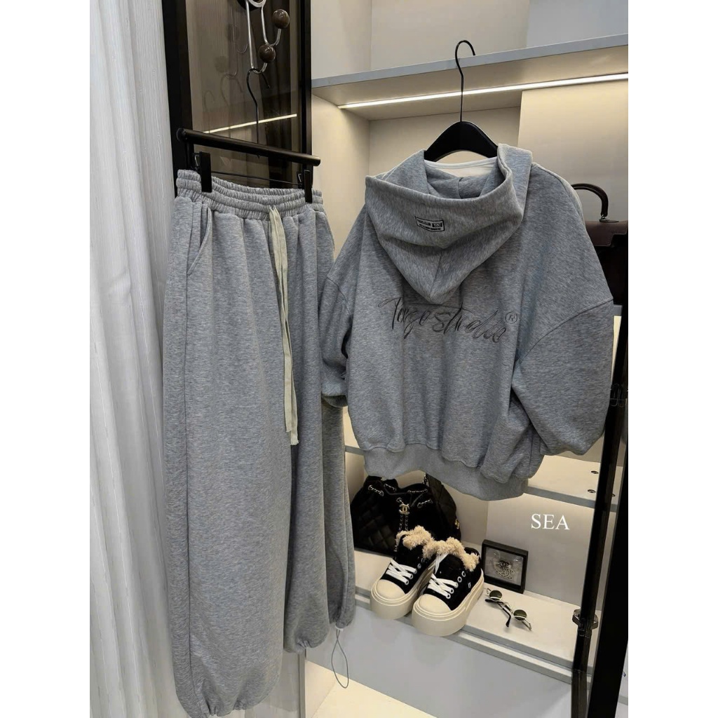 Set đồ thể thao nữ nỉ bông mùa đông – Áo hoodie form rộng quần jogger bo ống màu xám basic cá tính | BigBuy360 - bigbuy360.vn