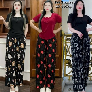  Set Bộ Dài Bigsize Nữ Áo Thun Cổ Tròn Khóa Nút Phối Quần Dài Đũi Sọc Mịn Mát Dễ Thương Giá Rẻ 50-95kg Én Nhỏ Bigsize 22 