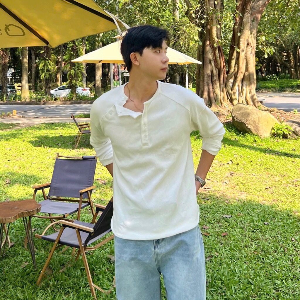 Áo thun gân dài tay cổ trụ ,sẻ vai form hàn xuông rộng ,vải gân tăm dày dặn - HALIOMAN