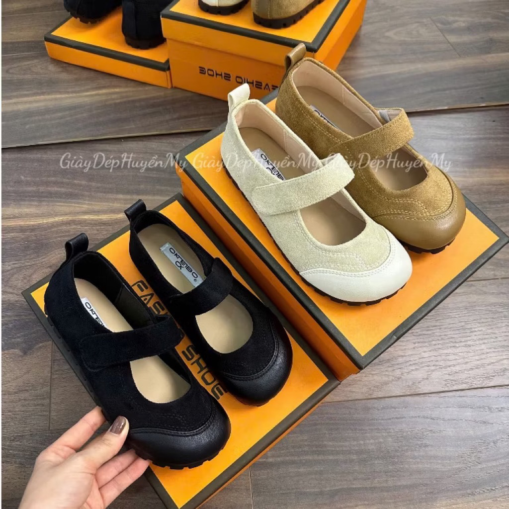 Giày búp bê chất da lộn , quai dán ngang M1
