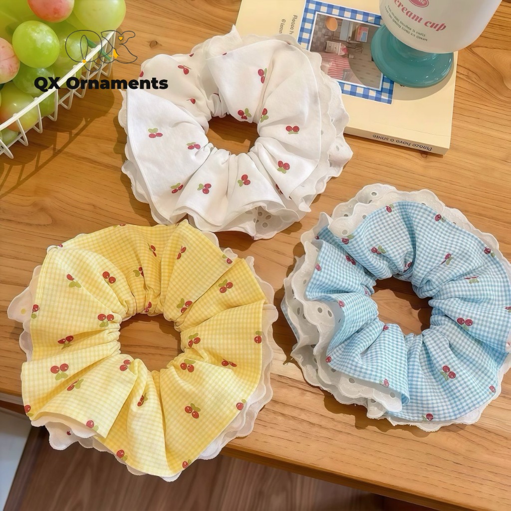 MH011 Chun Buộc Tóc Scrunchies 4 Lớp Viền Ren Họa Tiết Cherry - Cột Tóc Vải Voan Nàng Thơ MH011