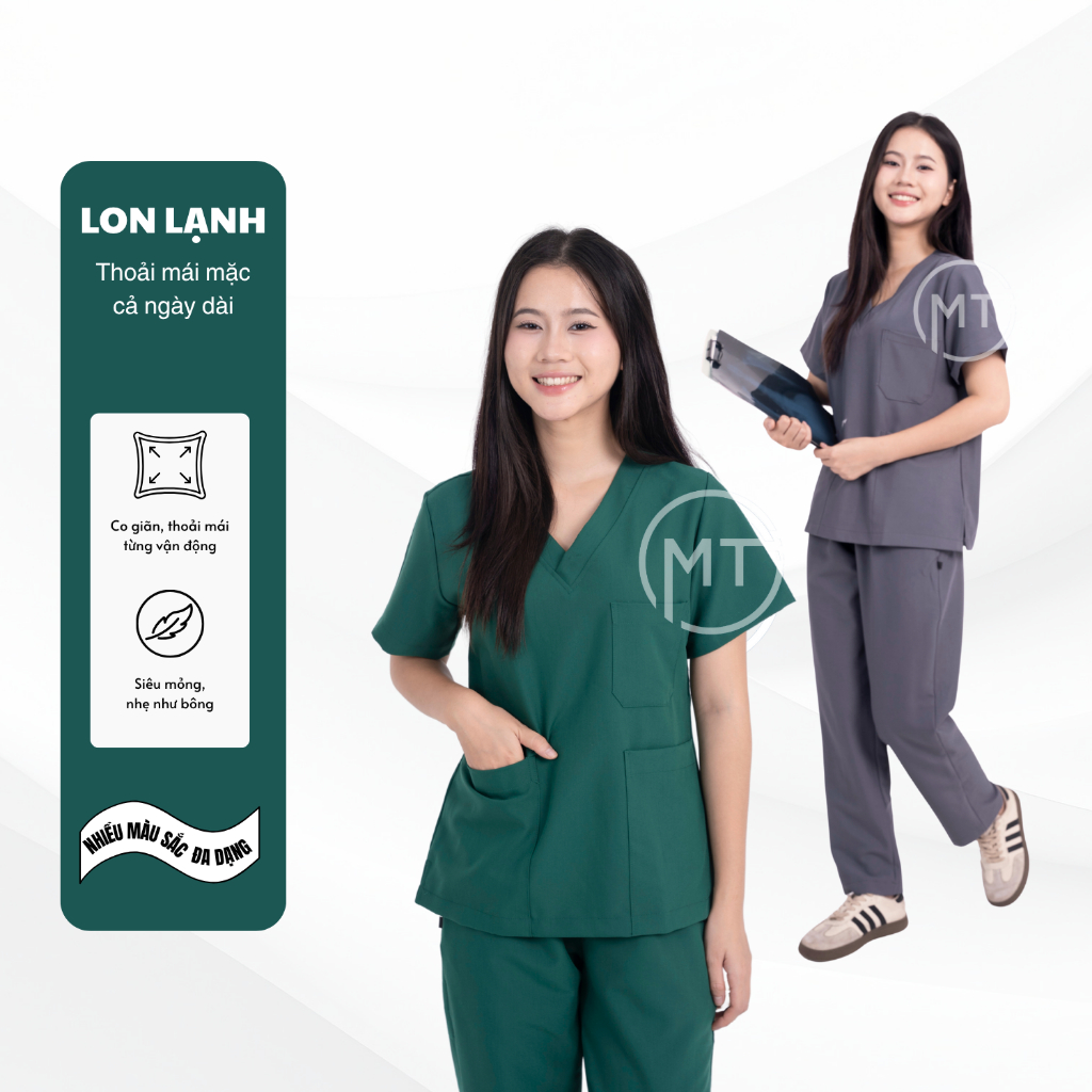 Bộ Scrubs bác sĩ, blouse cổ tim, đồng phục điều dưỡng, spa, thẩm mỹ viện vải Lon Lạnh