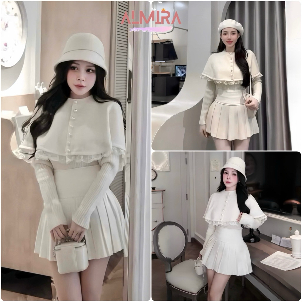 Sét Váy 3 Món Thu Đông Mỹ Nhân Gồm Áo Len + Áo Choàng Phối Ren + Chân Váy Xếp Ly | BigBuy360 - bigbuy360.vn