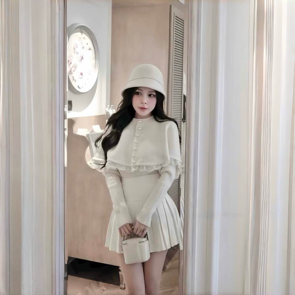 Sét Váy 3 Món Thu Đông Mỹ Nhân Gồm Áo Len + Áo Choàng Phối Ren + Chân Váy Xếp Ly | BigBuy360 - bigbuy360.vn