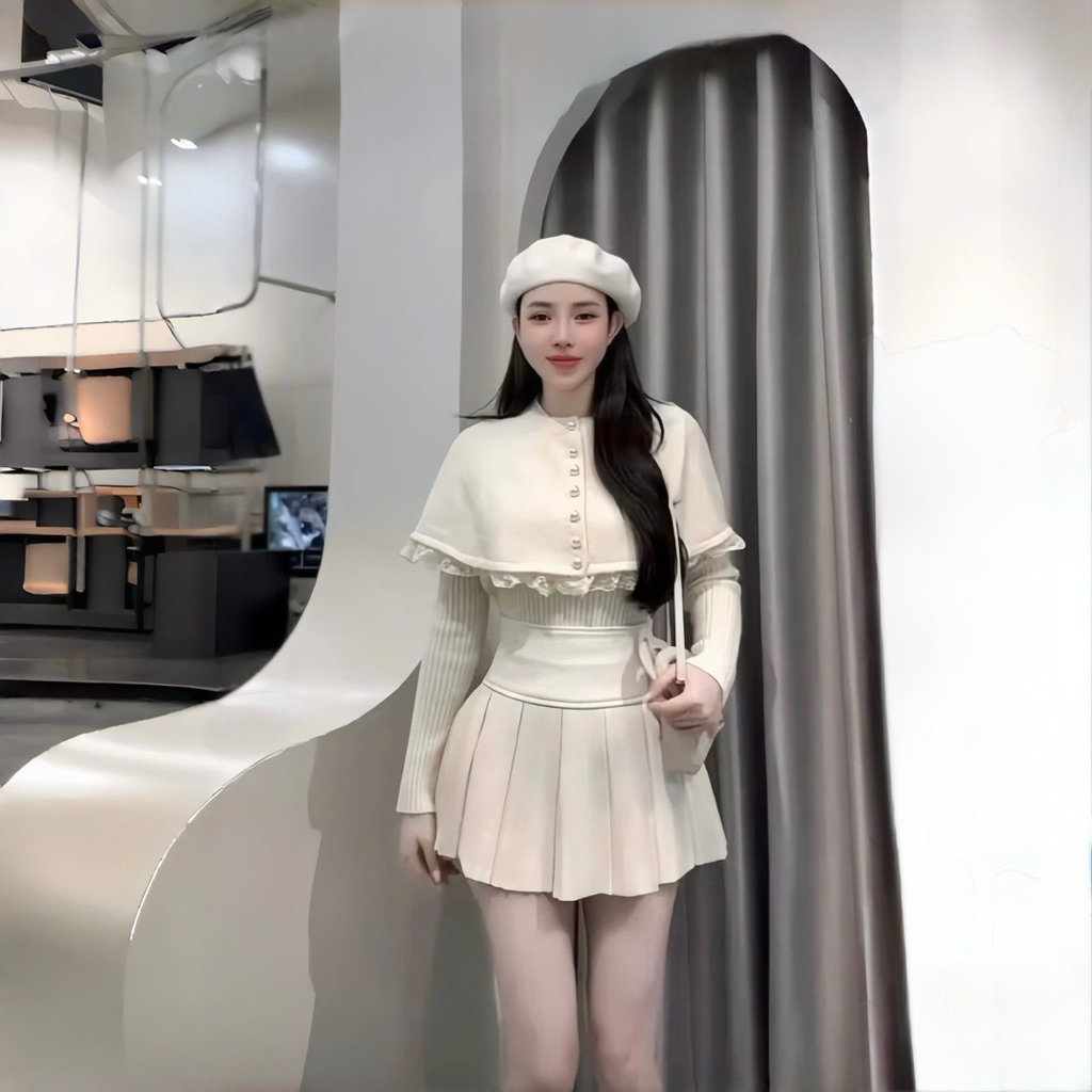 Sét Váy 3 Món Thu Đông Mỹ Nhân Gồm Áo Len + Áo Choàng Phối Ren + Chân Váy Xếp Ly | BigBuy360 - bigbuy360.vn