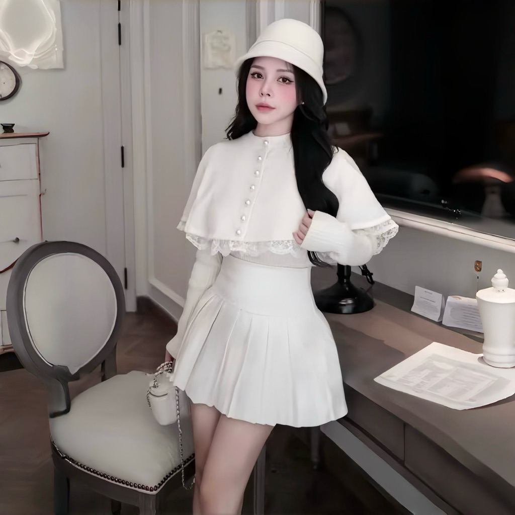 Sét Váy 3 Món Thu Đông Mỹ Nhân Gồm Áo Len + Áo Choàng Phối Ren + Chân Váy Xếp Ly | BigBuy360 - bigbuy360.vn