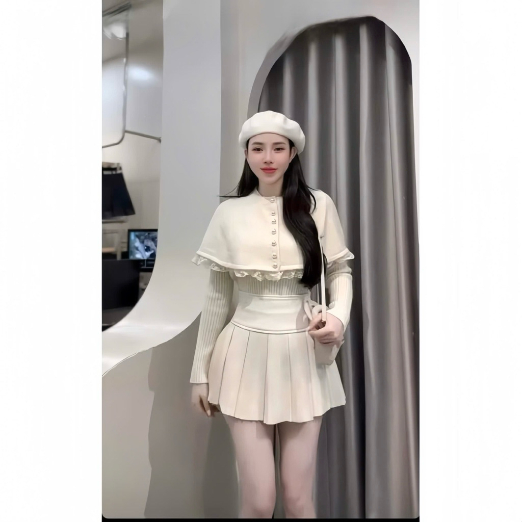 Sét Váy 3 Món Thu Đông Mỹ Nhân Gồm Áo Len + Áo Choàng Phối Ren + Chân Váy Xếp Ly | BigBuy360 - bigbuy360.vn
