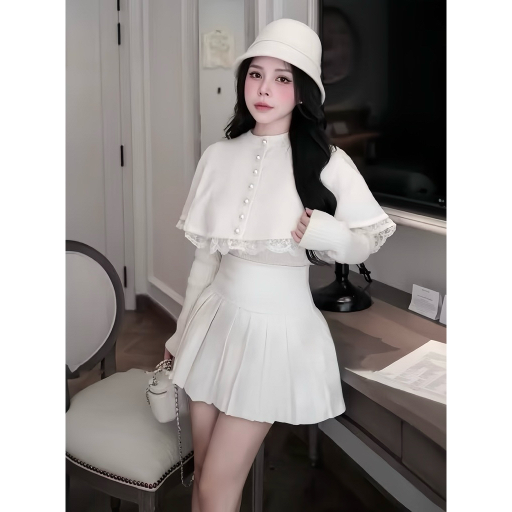 Sét Váy 3 Món Thu Đông Mỹ Nhân Gồm Áo Len + Áo Choàng Phối Ren + Chân Váy Xếp Ly | BigBuy360 - bigbuy360.vn