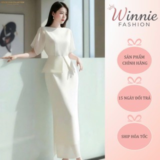   DVC CHÍNH HÃNG  DS6733 Váy đầm trắng kem dáng bút chì dài thiết kế phối peplum che bụng tôn dáng 