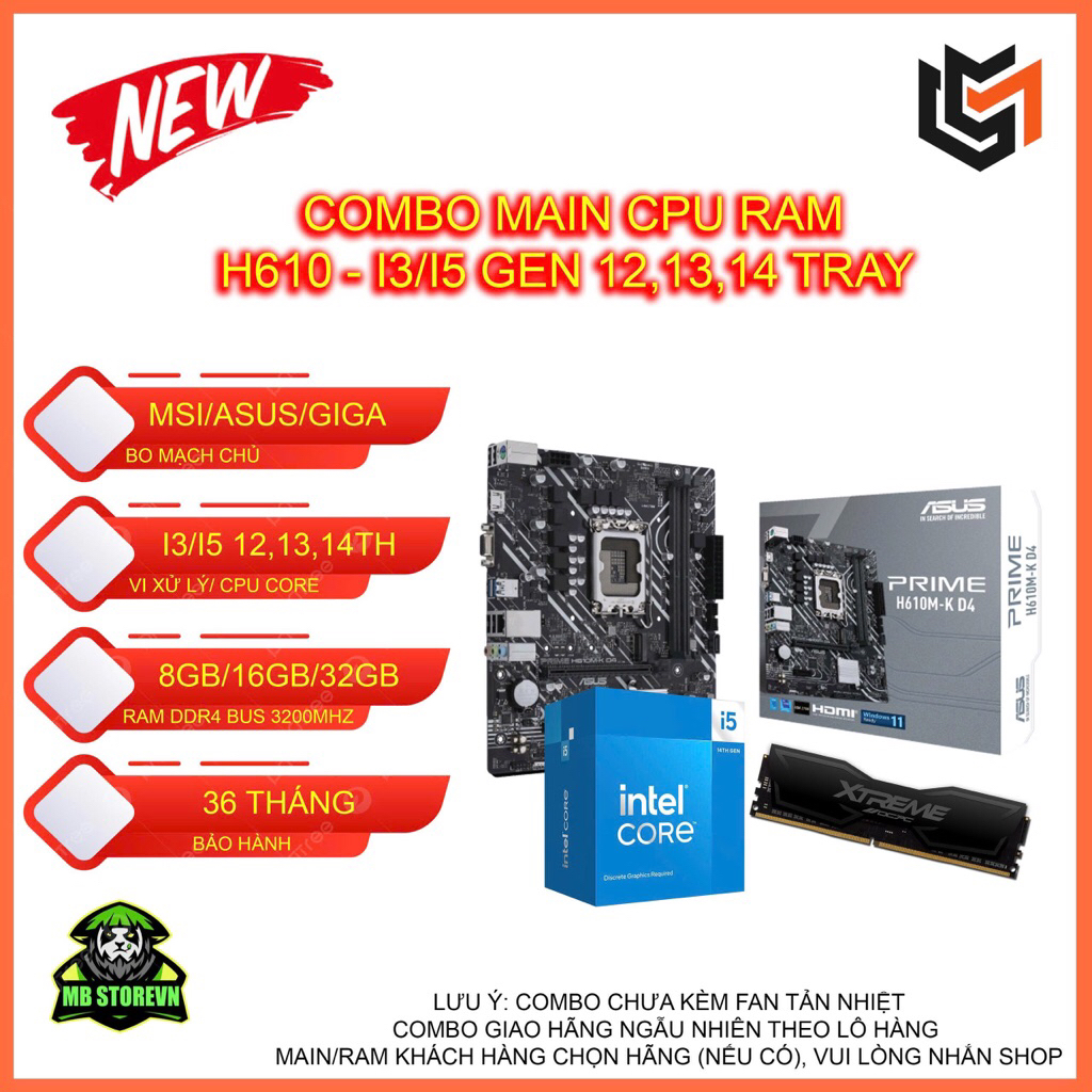Combo H610M - Intel Core I5 12400F Ram 16/32GB - LGA1700 - Bảo Hành 36 Tháng