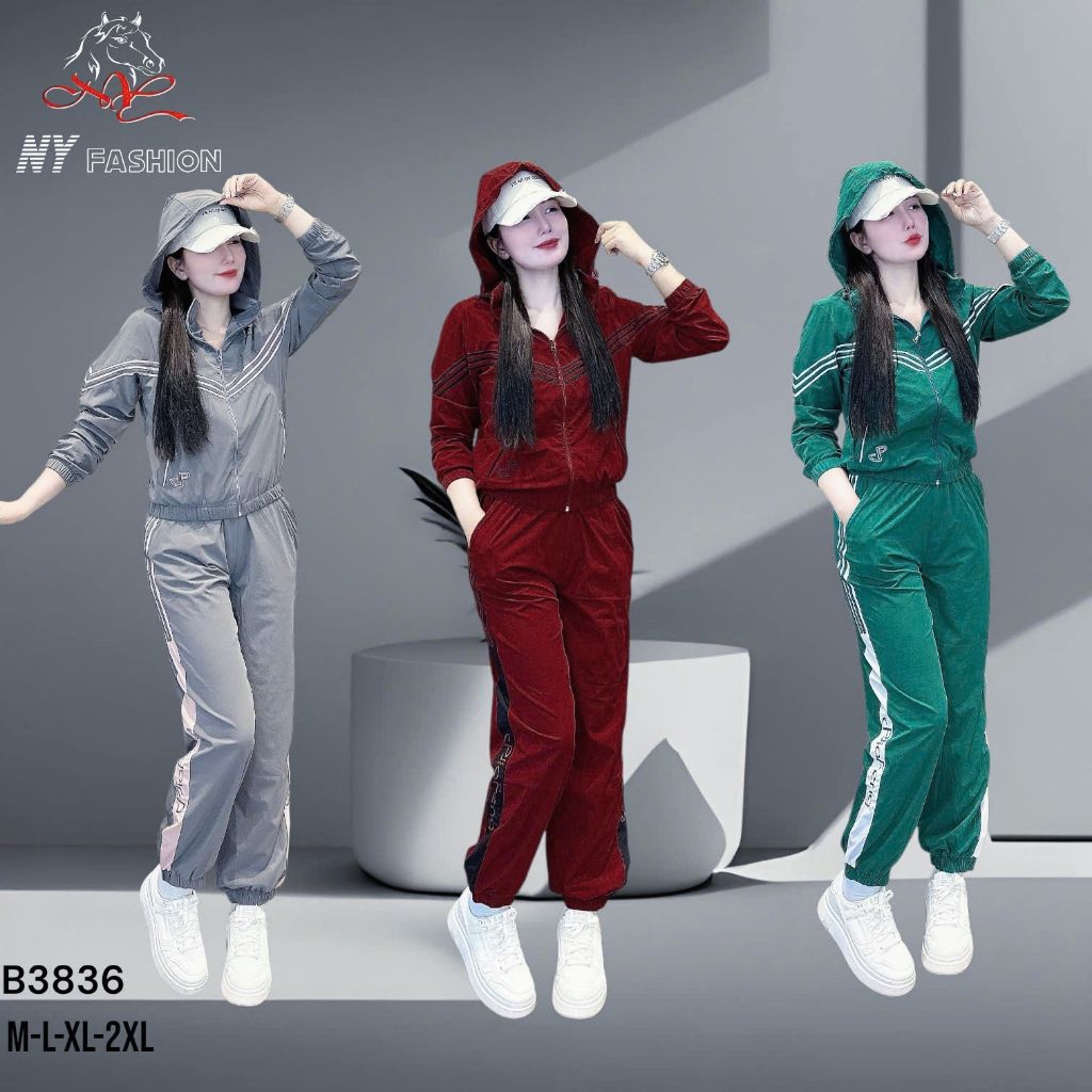 Sét bộ thể thao nữ có mũ thu đông chất gió lụa 2 lớp NY3836 Đẹp