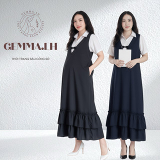  Yếm bầu GEMMA.LH Y8  cổ tim có 2 tầng bèo. có 2 màu đen và xanh đen. 2 túi sườn 2 nút eo. yếm bầu có size đến 100kg. 
