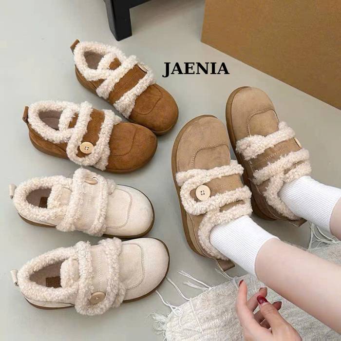 Giày bông nữ đế bằng đế bệt 3cm có lót lông siêu ấm mùa đông Giày lười da lộn phong cách Hàn Quốc dễ thương GD073 Jaenia